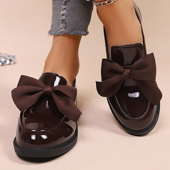 Chocolate Brown Sexy Women's Round Toe Bow Decor Flat Shoes - Picture 4 of 6
